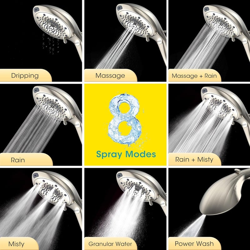 FASDUNT Filtered Shower Head with Handheld, 8-Mode Handheld Showerhead with Filters for Hard Water -Remove Chlorine, Built-in Power Wash, 80" Extra Long Stainless Steel Hose, Brushed Nickel - Image 4